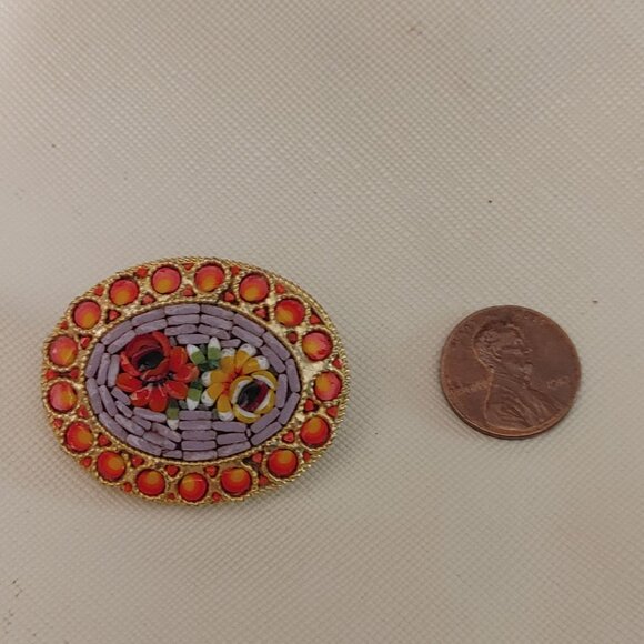 Vtg Italian Micro Mosaic Floral Oval Brooch Red Yellow Accents Gold Tone Pin - Picture 2 of 13